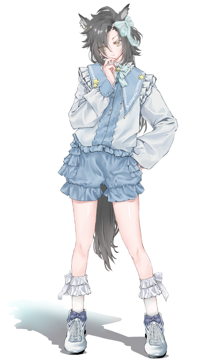 ahoge, air_shakur_(umamusume), animal_ears, black_hair, blue_sailor_collar, blue_shoes, blue_sweater, bow, bow_legwear, bowtie, buttoned_cuffs, buttons, commentary_request, ear_chain, ear_ornament, eyebrow_piercing, face_piercing, frilled_shirt_collar, frilled_shorts, frilled_sleeves, frilled_socks, frills, full_body, furawi, hair_bow, hand_on_own_chin, hand_on_own_hip, head_tilt, highres, horse_ears, horse_girl, horse_tail, knees, linked_piercing, long_hair, looking_at_viewer, patch, piercing, puffy_sleeves, sailor_collar, shadow, shaved_eyebrow, shoes, shorts, simple_background, sleeve_cuffs, socks, spiky_hair, standing, star_(symbol), sweater, tail, thinking, umamusume, white_background, white_sneakers, white_socks