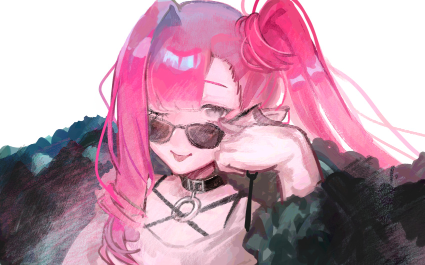 1girl, akanbe, baobhan_sith_(comiket_103)_(fate), baobhan_sith_(fate), choker, coat, commission, commissioner_upload, eyelid_pull, fate/grand_order, fate_(series), fur_coat, grey_eyes, hand_up, highres, looking_at_viewer, non-web_source, one_eye_closed, pointy_ears, resenri, side_ponytail, smile, sunglasses, tongue, tongue_out, upper_body, white_background