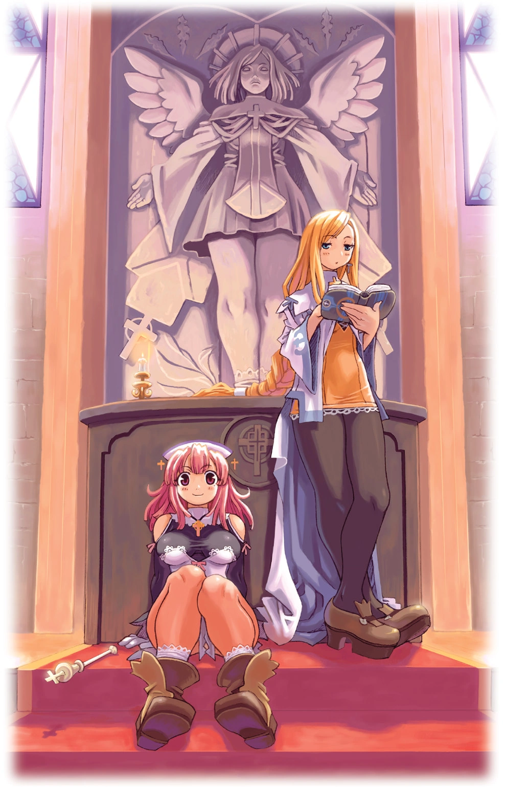 1990s_(style), 2girls, alouette_(la_pucelle), black_pantyhose, blonde_hair, blue_eyes, book, boots