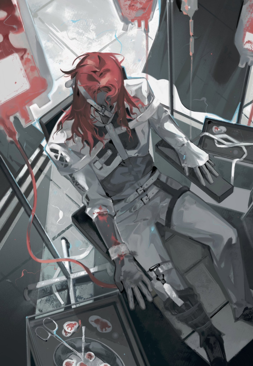 1boy, aleph_(reverse:1999), black_gloves, black_mask, black_shoes, blood, blood_bag, covered_face
