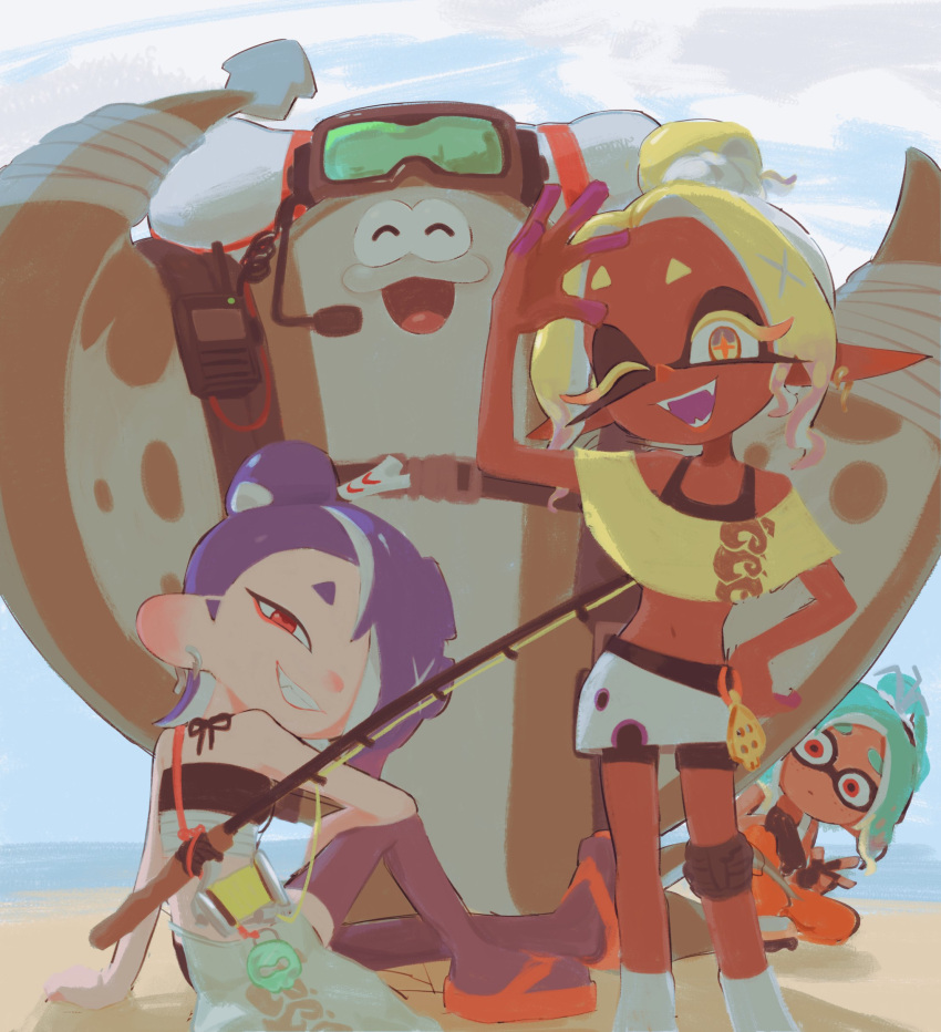 1boy, 3girls, absurdres, big_man_(splatoon), big_man_(splatoon_raiders), blonde_hair, blue_hair, cephalocrow