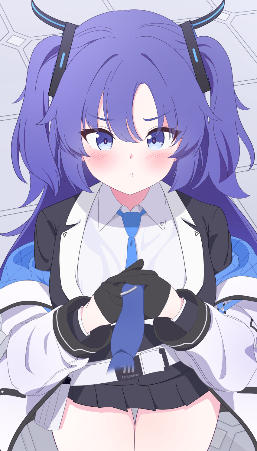 1girl, :t, absurdres, black_gloves, black_halo, black_jacket, black_skirt, blue_archive