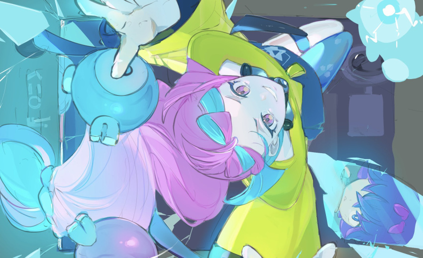 2girls, blue_hair, bow-shaped_hair, dot_(pokemon), from_above, hair_over_one_eye, highres, iono_(pokemon)
