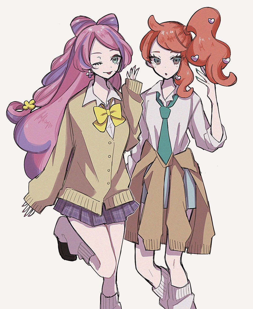 2girls, bow, earrings, enekonoshippo27, eyeliner, flower_earrings, hair_ornament, heart