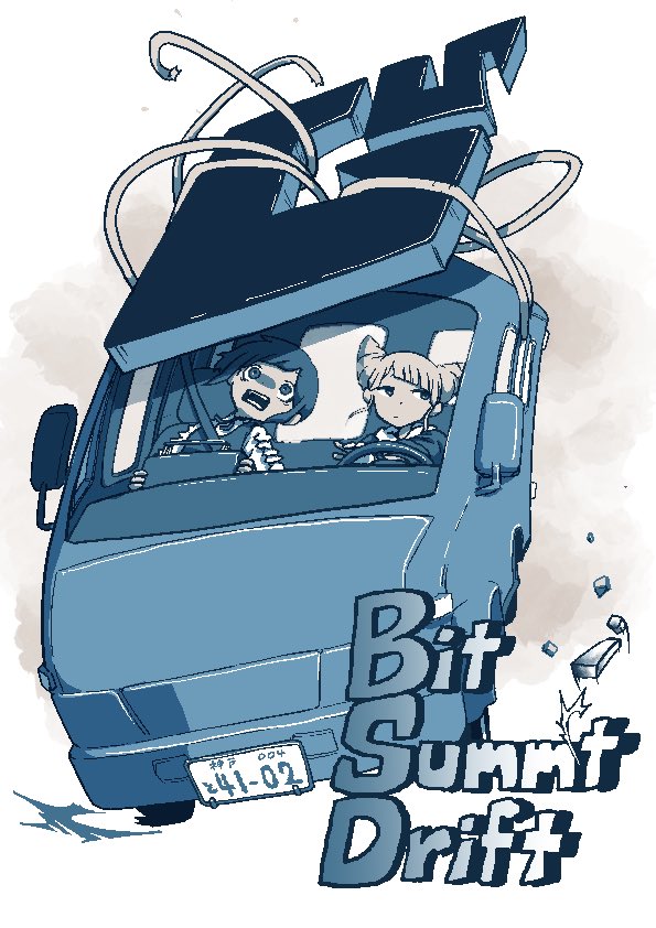 2girls, backpack, bag, blue_theme, commentary_request, double_bun, driving, english_text