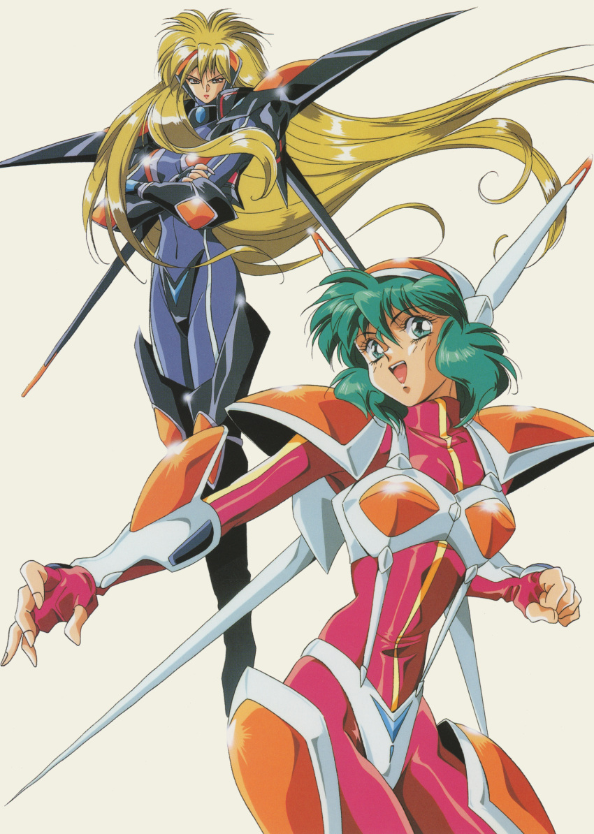 1990s_(style), 2girls, absurdres, armor, blonde_hair, bodysuit, crossed_arms, fingerless_gloves