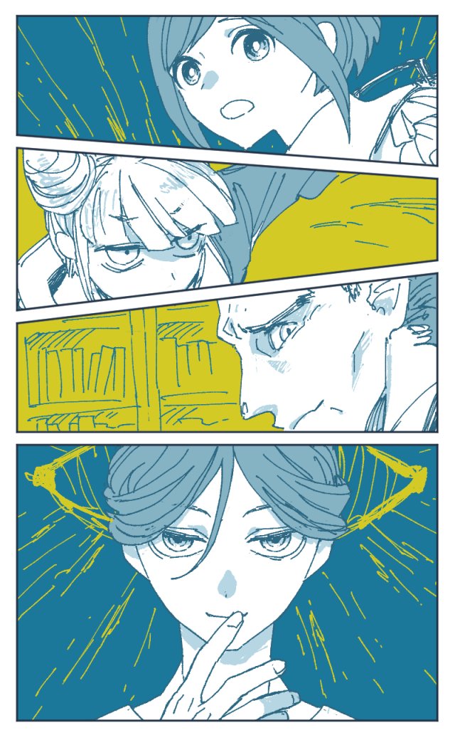 1nu_(nyu_0o0), 2boys, 2girls, closed_mouth, column_lineup, commentary_request, cone_hair_bun, disembodied_eye