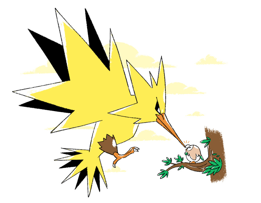 bird, branch, closed_eyes, clouds, commentary, commission, creature, creature_focus, english_commentary, flying, gotchibam, ko-fi_commission, looking_at_another, looking_down, no_humans, noses_touching, pokemon, pokemon_(creature), pokemon_focus, rowlet, simple_background, size_difference, smile, standing, tree, white_background, zapdos