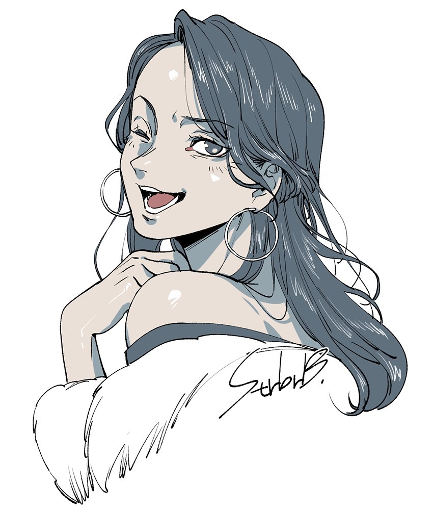 1girl, aika_(toshi_densetsu_kaitai_center), bare_shoulders, commentary_request, earrings, from_behind, hand_up, hoop_earrings