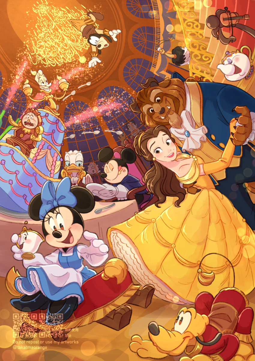 2girls, 6+boys, beast_(disney), beauty_and_the_beast_(disney), belle_(disney), brown_eyes, brown_hair, chip_potts
