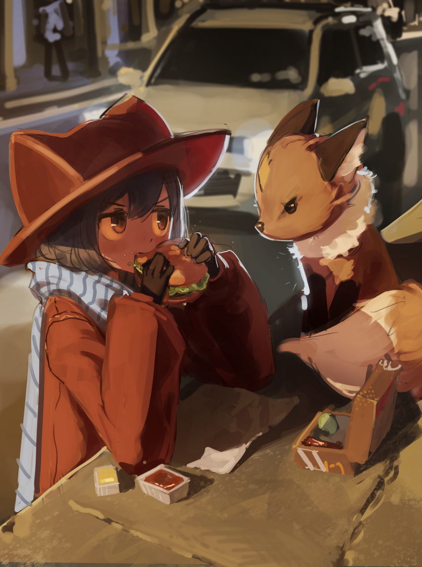 1girl, 1other, absurdres, androgynous, animal_ear_fluff, animal_hat, animal_nose, black_eyes