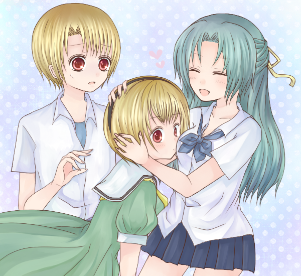 breast_smother, breasts, closed_eyes, eyes_closed, green_hair, hairband, heart, higurashi_no_naku_koro_ni