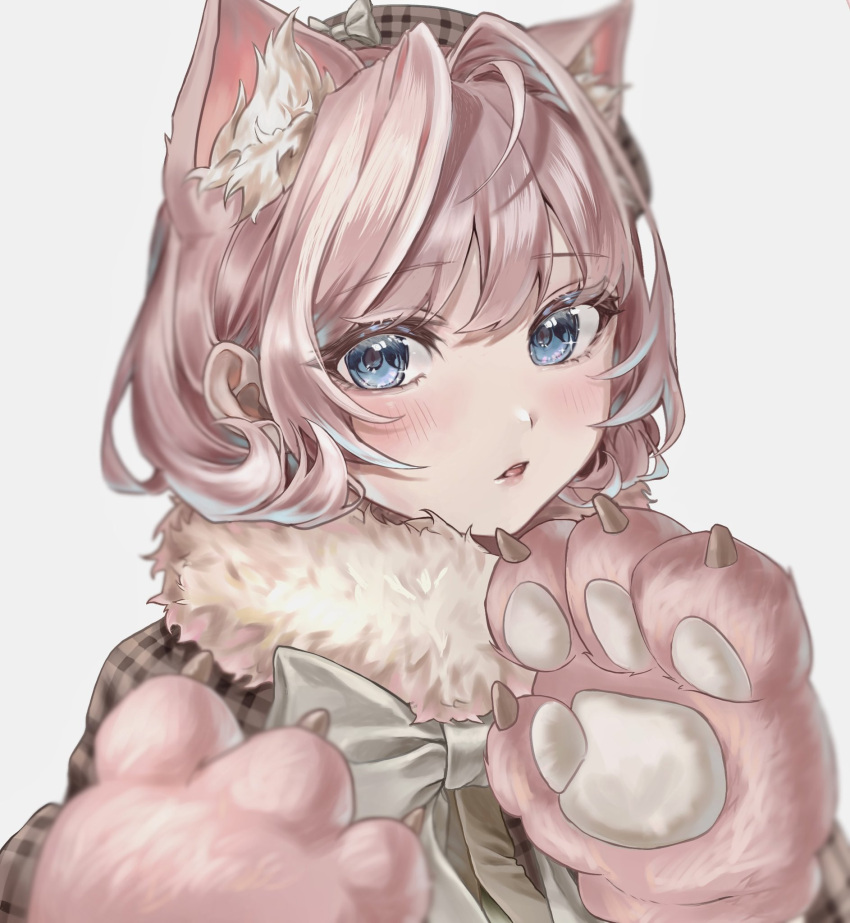 1girl, animal_ears, animification, blue_eyes, bow, duffy_and_friends, fox_girl, fur_trim, highres, horse_ears, humanization, linabell, looking_at_viewer, pink_hair, rearea_7777, shirt, short_hair, solo, upper_body