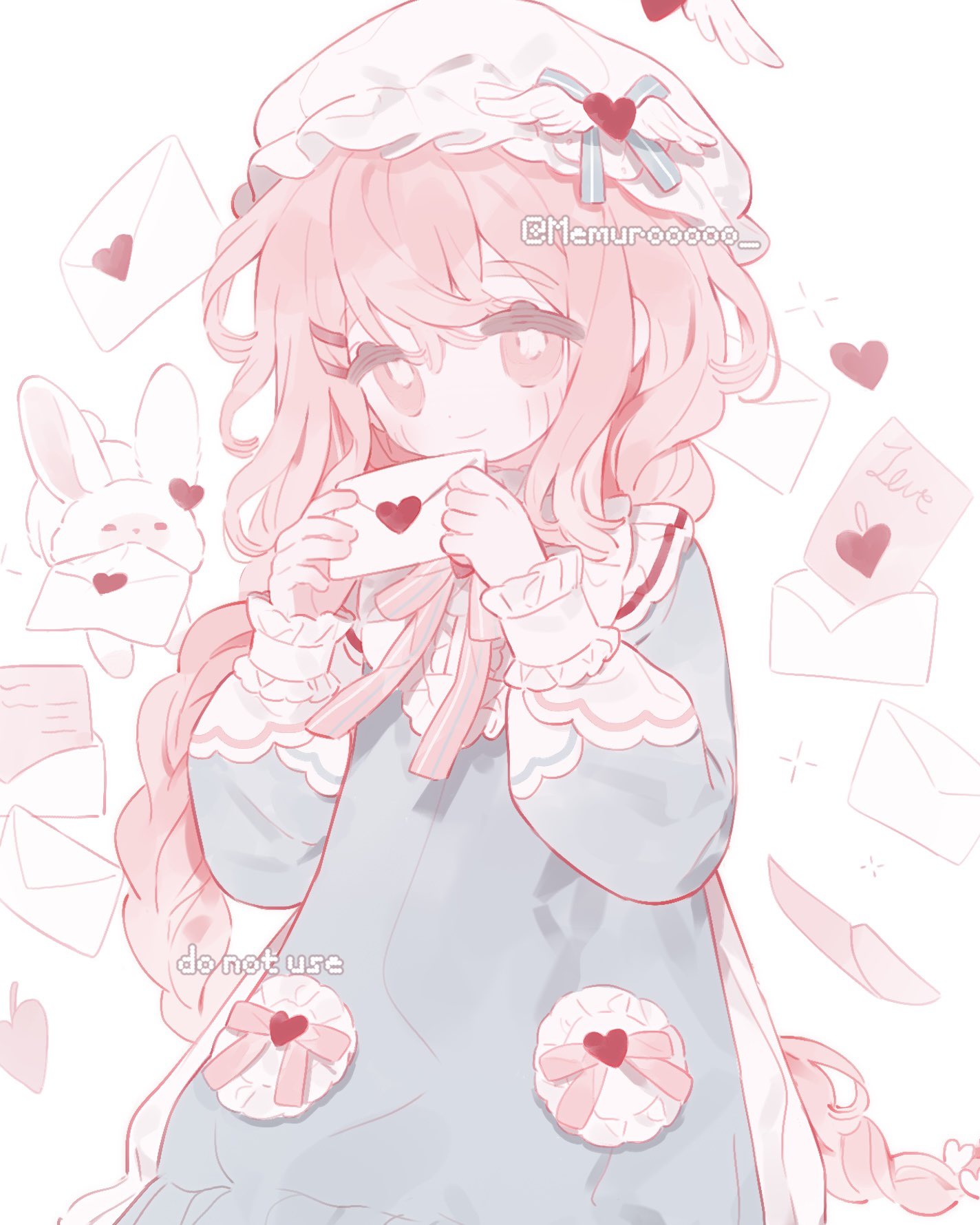 1girl, bow, braid, dress, envelope, frills, hair_ornament, hat