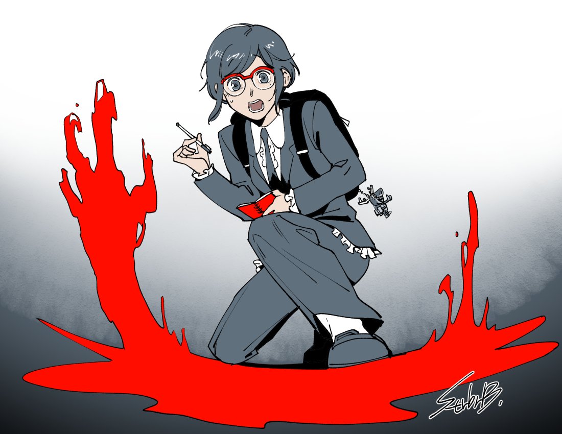 1girl, backpack, bag, bag_charm, charm_(object), collared_shirt, colored_shadow, commentary_request