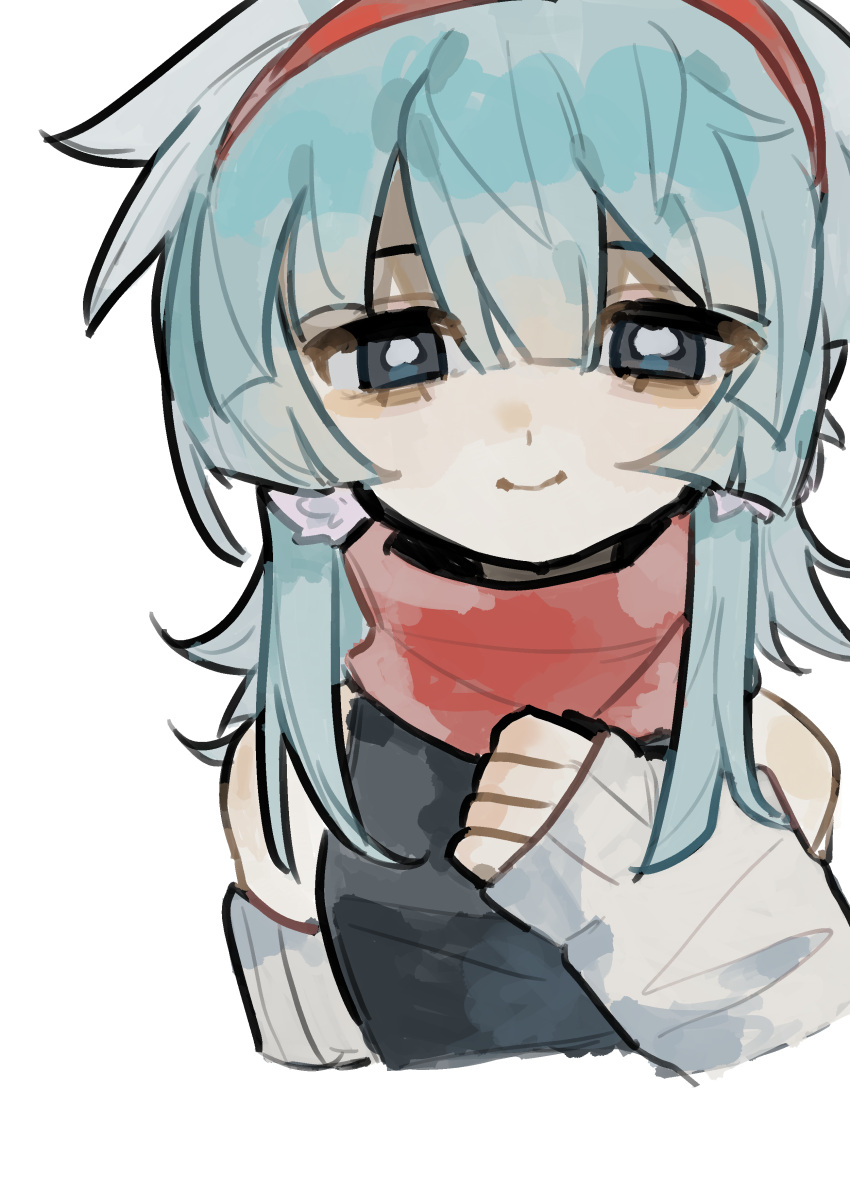 1girl, absurdres, aegyo_sal, black_eyes, black_shirt, blue_hair, breasts, bright_pupils, center-flap_bangs, chinese_commentary, closed_mouth, commentary_request, cropped_torso, double-parted_bangs, earmuffs, flipped_hair, genderswap, genderswap_(mtf), hair_between_eyes, hand_on_own_chest, hand_up, highres, iceberg_lettuce_(plants_vs._zombies), looking_at_viewer, medium_hair, official_alternate_costume, personification, plants_vs._zombies, plants_vs._zombies_2, procreate_(medium), red_scarf, scarf, shirt, sidelocks, simple_background, sleeveless, sleeveless_shirt, small_breasts, smile, solo, straight-on, white_arm_warmers, white_background, white_pupils, xinjinjumin890599212915