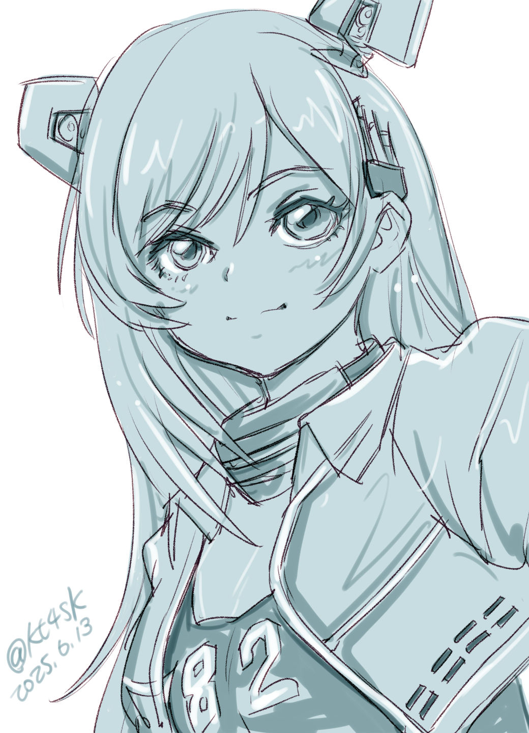 1girl, 4suke, blue_theme, clothes_pull, clothes_writing, dated, headgear, highres, jacket, kantai_collection, looking_at_viewer, monochrome, one-hour_drawing_challenge, one-piece_swimsuit_pull, salmon_(kancolle), solo, swept_bangs, twitter_username, upper_body