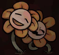 2024, 2boys, 2d, =_=, black_background, closed_eyes, dark_background, digital_media, dual_persona, duo, evil_smile, flower, flower_focus, flowey_(undertale), lowres, male, male_only, multiple_boys, open_mouth, peri-bytes, plant, simple_background, smile, undertale, yellow_flower