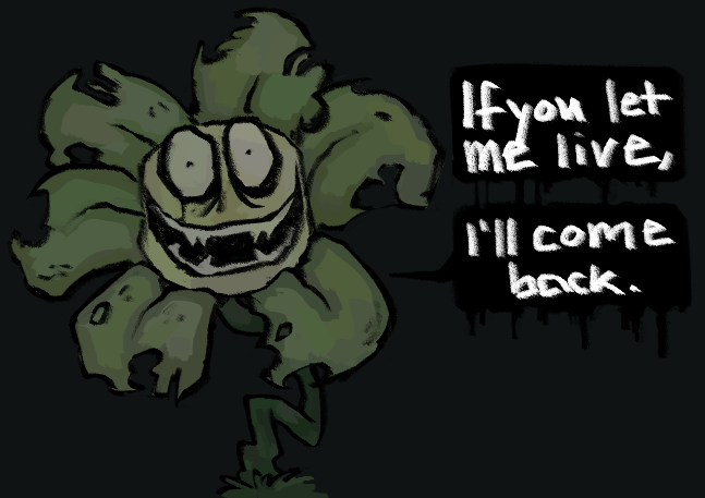 1boy, 2024, 2d, digital_media, english_text, evil_smile, flower, flower_focus, flowey_(undertale), looking_at_viewer, male, male_only, open_mouth, peri-bytes, plant, redrawn, simple_background, smile, solo, text, undertale, wide-eyed, yellow_background