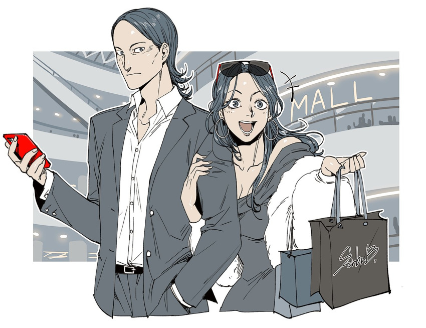 1boy, 1girl, aika_(toshi_densetsu_kaitai_center), bag, belt, cellphone, collared_shirt, commentary_request