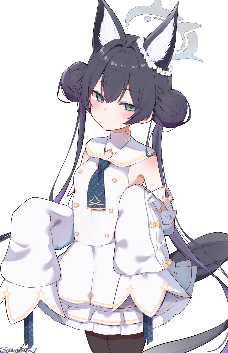 1girl, animal_ear_fluff, animal_ears, black_pantyhose, blue_archive, braid, braided_bun, breasts