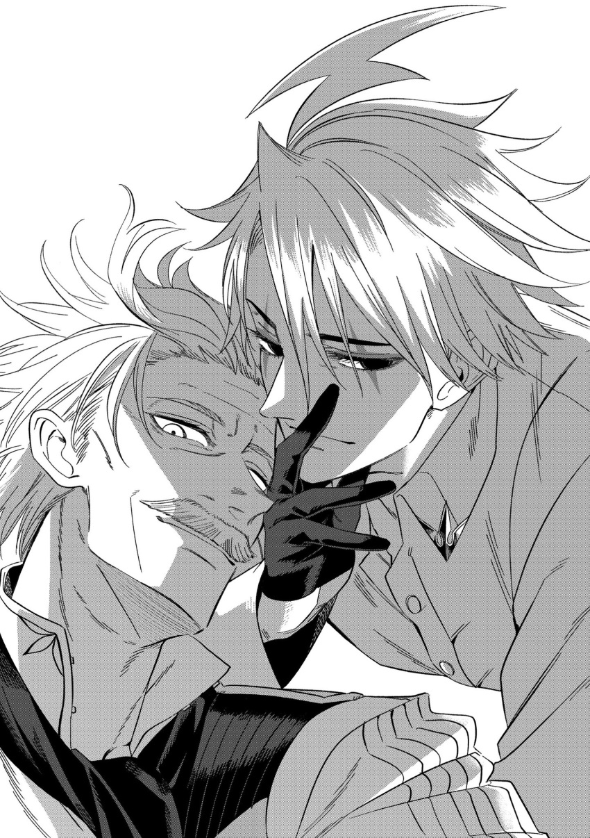 2boys, facial_hair, facial_mark, fate/grand_order, fate_(series), gloves, greyscale, hair_between_eyes
