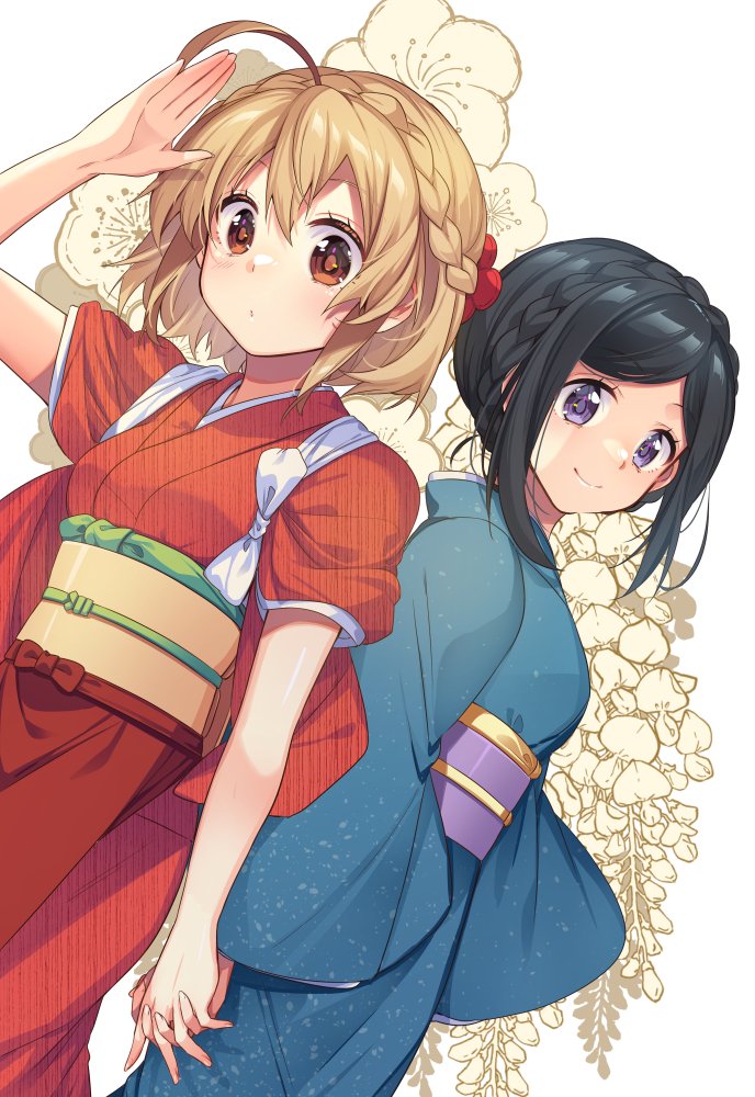 2girls, ahoge, arm_up, black_hair, blonde_hair, blue_kimono, blush, character_request