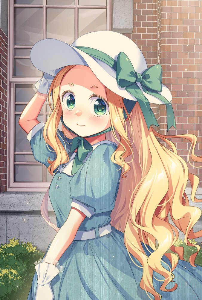 1girl, blonde_hair, blue_dress, blush, bow, bowtie, building, character_request, closed_mouth, commentary_request, cowboy_shot, dress, gloves, green_bow, green_bowtie, green_eyes, hana_uta_memoire, hand_on_headwear, hat, hat_bow, ichinose_kei, long_hair, looking_at_viewer, outdoors, short_sleeves, smile, solo, thick_eyebrows, white_gloves, white_hat
