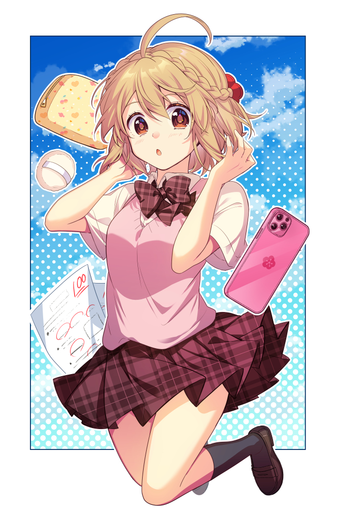1girl, :o, academic_test, ahoge, black_socks, blonde_hair, blue_sky, blush
