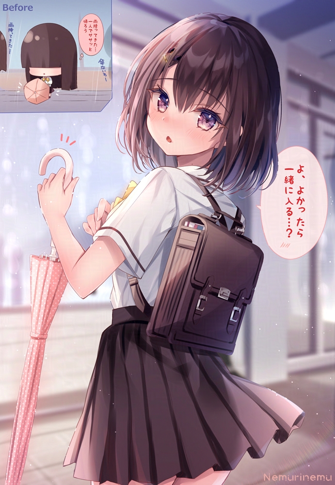1girl, backpack, bag, blush, bow, bowtie, brown_hair, brown_skirt
