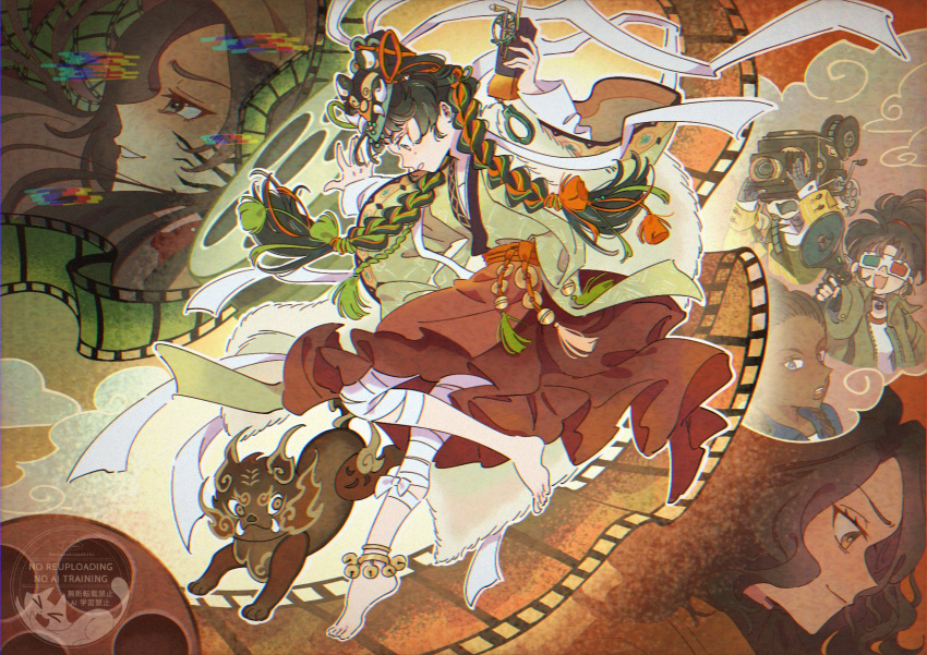 3d_glasses, 6+girls, an-an_lee, ankle_bell, bandaged_leg, bandages, barefoot, black_hair