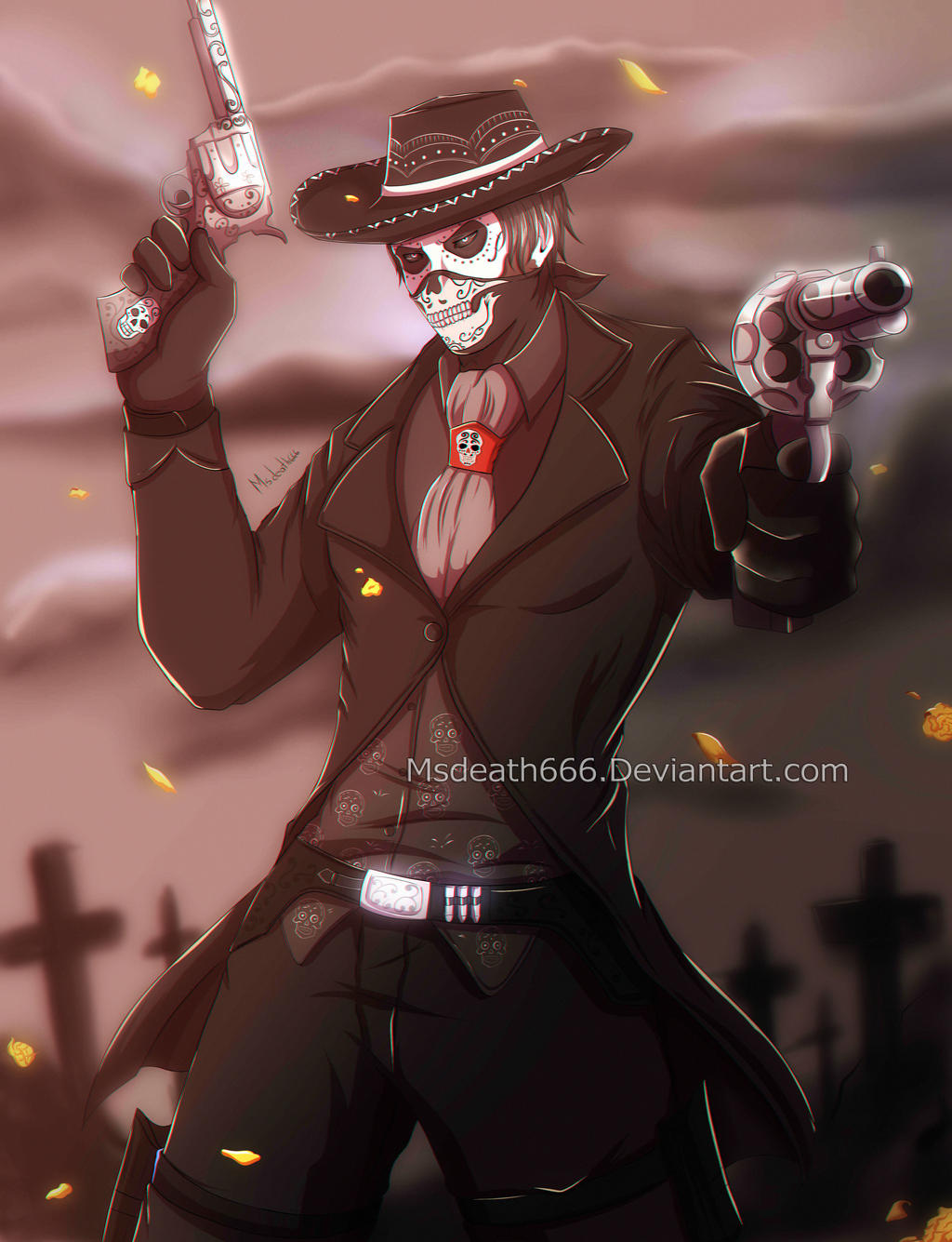 blurry_background, cowboy, cowboy_hat, day_of_the_dead, erron_black, firearm, gun, guns