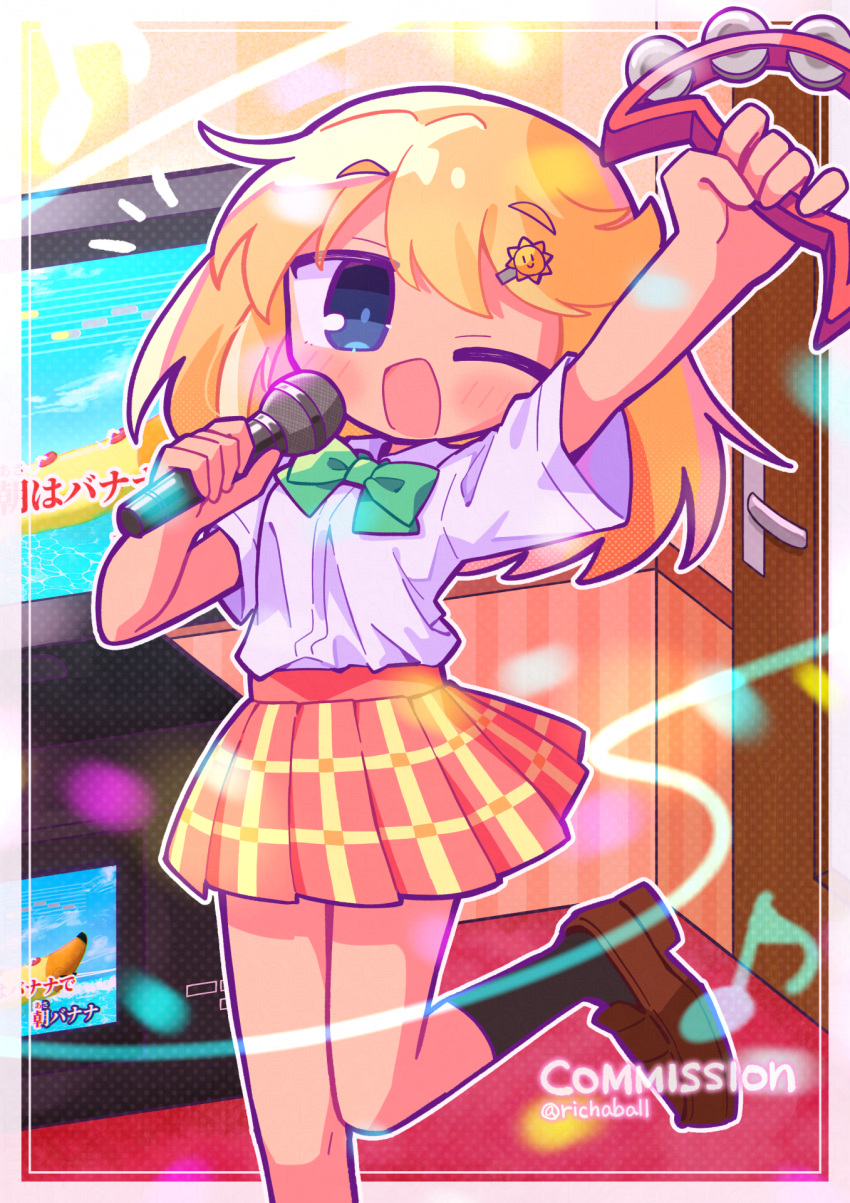1girl, ;d, arm_up, black_socks, blonde_hair, blue_eyes, blush, bow