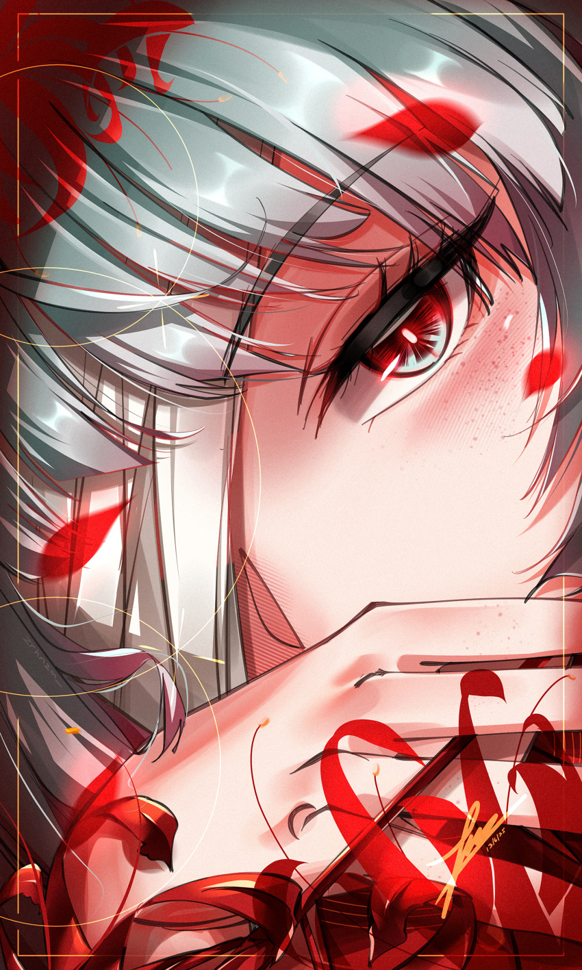 1girl, absurdres, bandage_over_one_eye, close-up, commentary, eye_focus, grey_hair, highres, looking_at_viewer, multicolored_eyes, phrolova_(wuthering_waves), red_eyes, red_petals, signature, solo, two-tone_eyes, white_eyes, wuthering_waves, zrhnzm