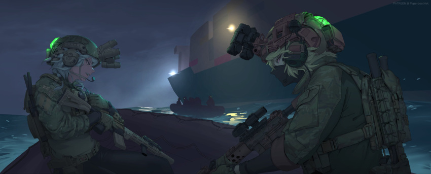 2girls, 5others, assault_rifle, black_mask, blonde_hair, boat, bolt_cutters, bulletproof_vest, camouflage, camouflage_gloves, camouflage_jacket, cargo_ship, combat_helmet, commission, crossover, ear_protection, flashlight, gun, handgun, helmet, highres, holster, hybrid_sight, jacket, laser_sight, m4_carbine, mask, medium_hair, multiple_girls, multiple_others, night_vision_device, ocean, on_boat, open_mouth, optical_sight, original, outdoors, paperboathat, rifle, ship, sig_sauer_p320, sonya_(paperboathat), suppressor, trigger_discipline, vertical_foregrip, watercraft, weapon, white_hair