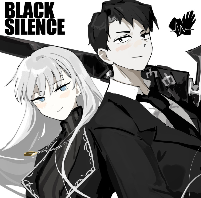 1boy, 1girl, angelica_(project_moon), back-to-back, black_eyes, black_hair, black_necktie, blue_eyes, closed_mouth, collared_shirt, floating_hair, highres, jewelry, lapels, library_of_ruina, long_hair, looking_at_viewer, necklace, necktie, notched_lapels, parted_bangs, project_moon, r2718281, ring, ring_necklace, roland_(project_moon), shirt, silver_trim, simple_background, smile, upper_body, very_long_hair, white_background, white_hair, white_shirt