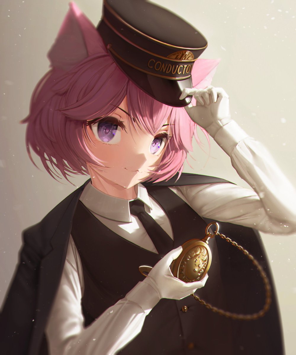 1girl, :3, adjusting_clothes, adjusting_headwear, animal_ears, black_hat, black_jacket, black_necktie