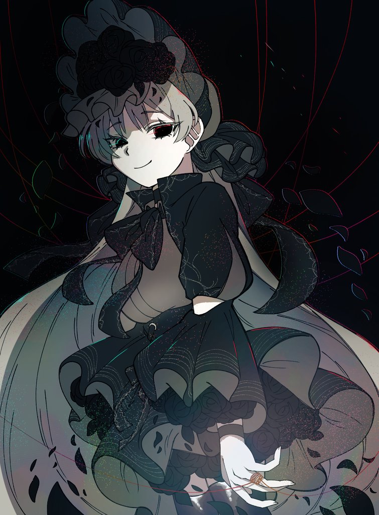 1girl, angelica_(project_moon), black_background, black_bonnet, black_bow, black_bowtie, black_dress, black_eyes
