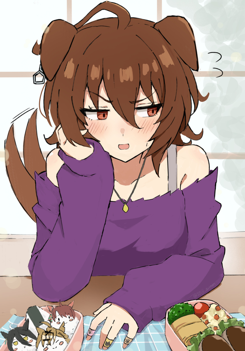 1girl, agnes_tachyon_(umamusume), ahoge, animal_ears, averting_eyes, bandaid_on_finger, bare_shoulders, bento, blush, brown_hair, character_print, commentary_request, dantsu_flame_(umamusume), food, hair_between_eyes, highres, horse_ears, horse_girl, horse_tail, jewelry, jungle_pocket_(umamusume), long_sleeves, manhattan_cafe_(umamusume), necklace, off-shoulder_shirt, off_shoulder, onigiri, open_mouth, purple_shirt, red_eyes, seiji_(artman), shirt, short_hair, tail, tail_wagging, umamusume