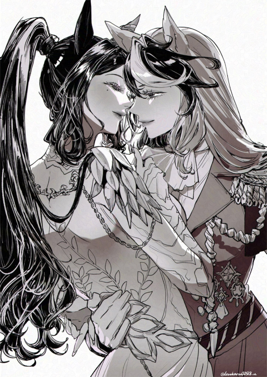 2girls, aiguillette, animal_ears, ascot, closed_mouth, face-to-face, fringe_trim, gi!_(desukaru02518_u)