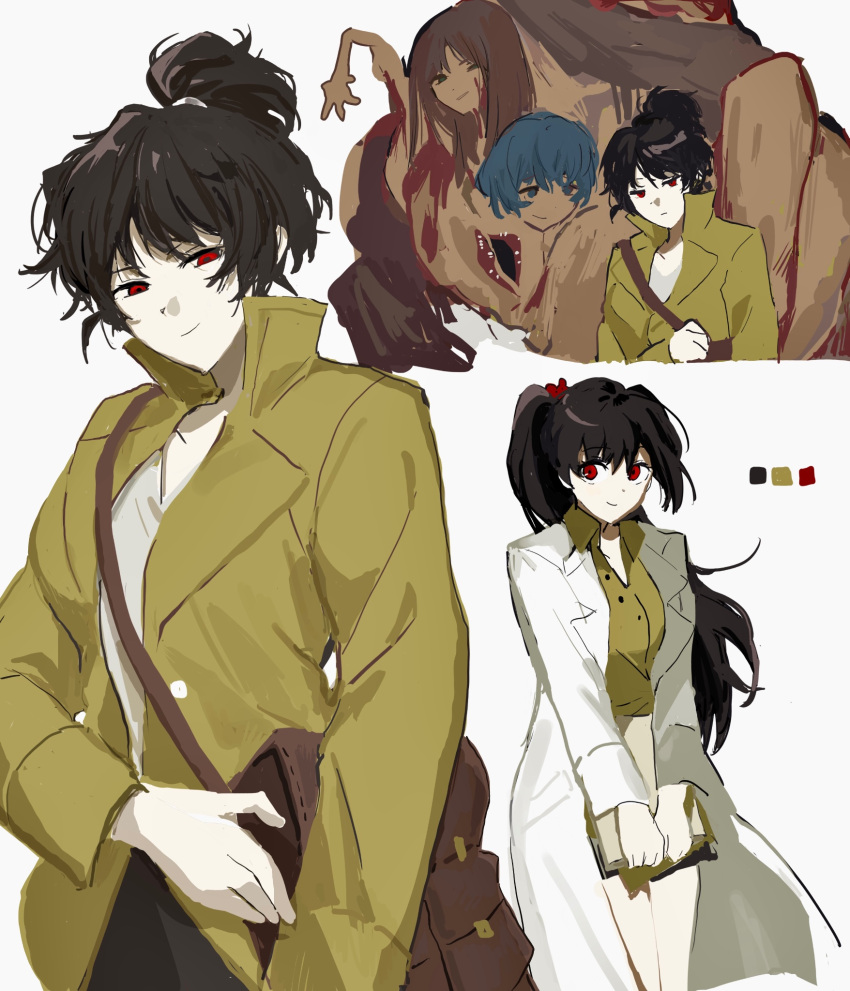 1other, 2girls, brown_bag, brown_hair, carmen_(project_moon), closed_mouth, coat, collared_shirt
