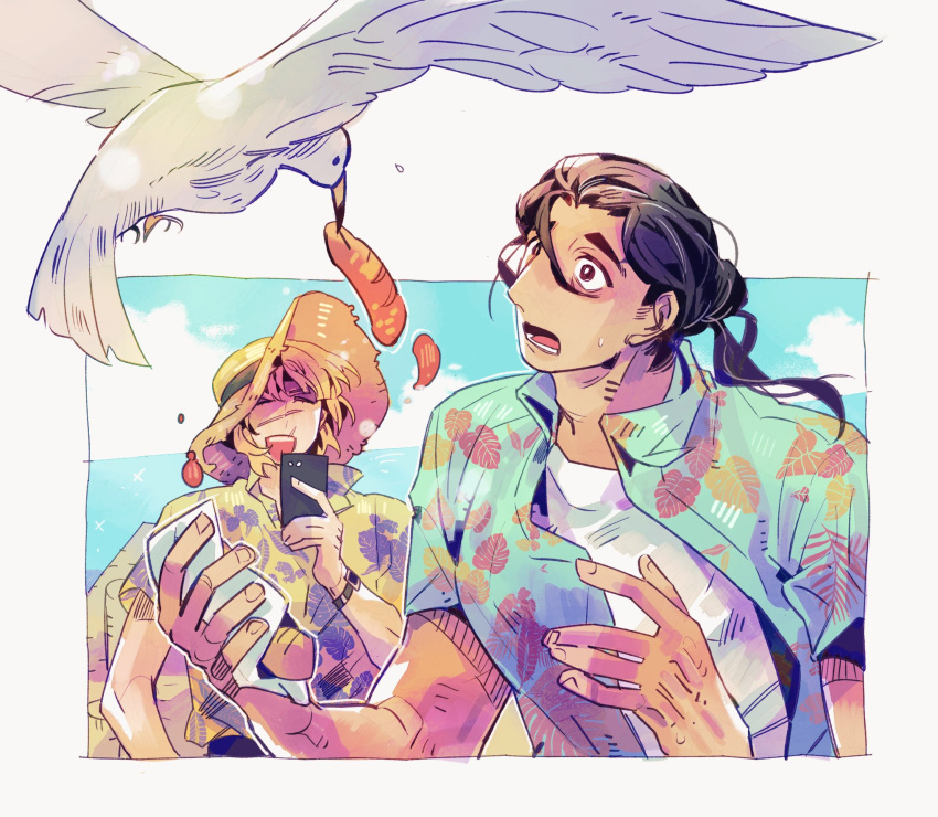 2boys, badeni, bird, black_hair, blonde_hair, blunt_bangs, border, bread