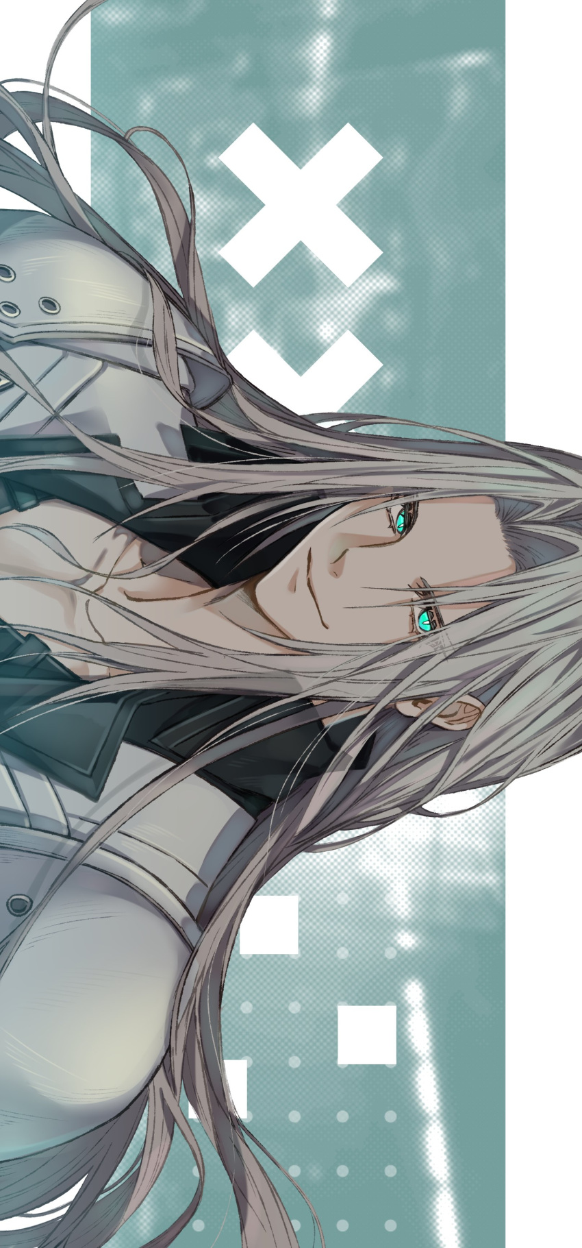 1boy, absurdres, aqua_eyes, armor, black_jacket, border, closed_mouth, collarbone