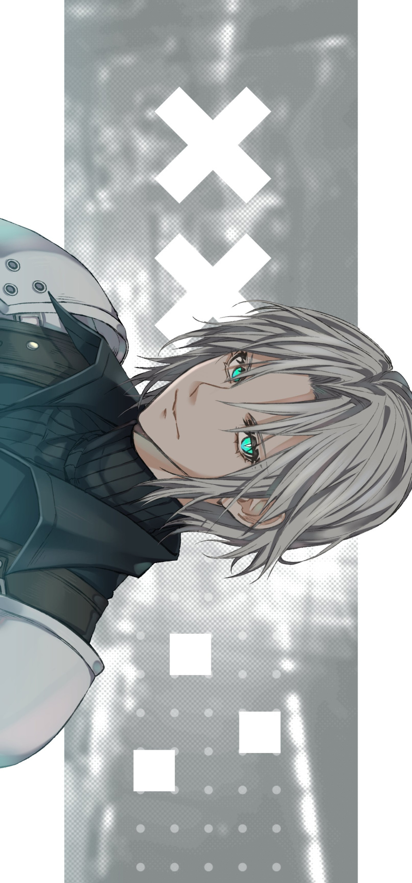 1boy, absurdres, aqua_eyes, armor, black_jacket, black_sweater, border, closed_mouth