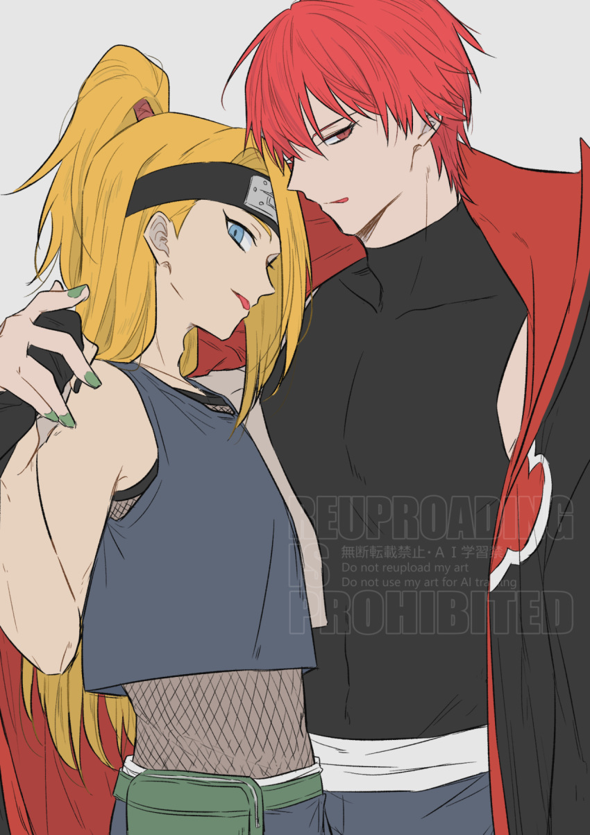 2boys, :p, asymmetrical_bangs, black_shirt, blonde_hair, blue_eyes, blue_shirt, deidara_(naruto)