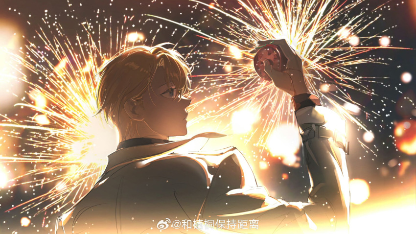 1boy, aerial_fireworks, arm_up, blonde_hair, blue_eyes, blurry, blurry_background, bokeh