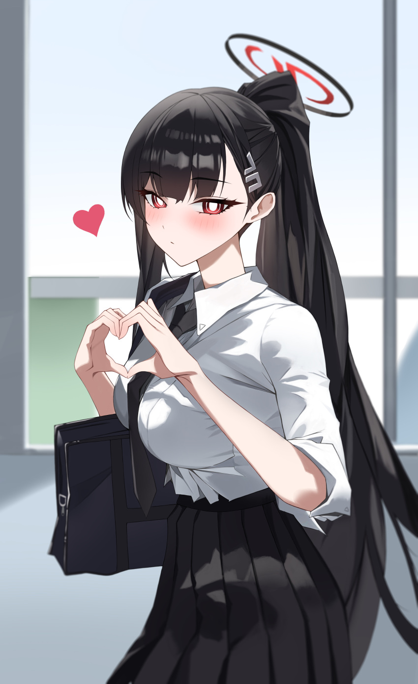 1girl, absurdres, bag, black_hair, black_necktie, black_skirt, bllustration, blue_archive