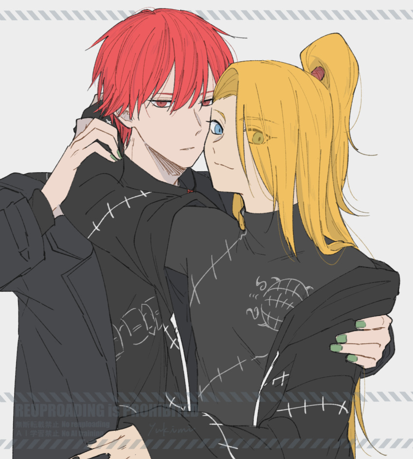 2boys, arm_around_shoulder, black_jacket, black_nails, blonde_hair, blue_eyes, closed_mouth, deidara_(naruto)