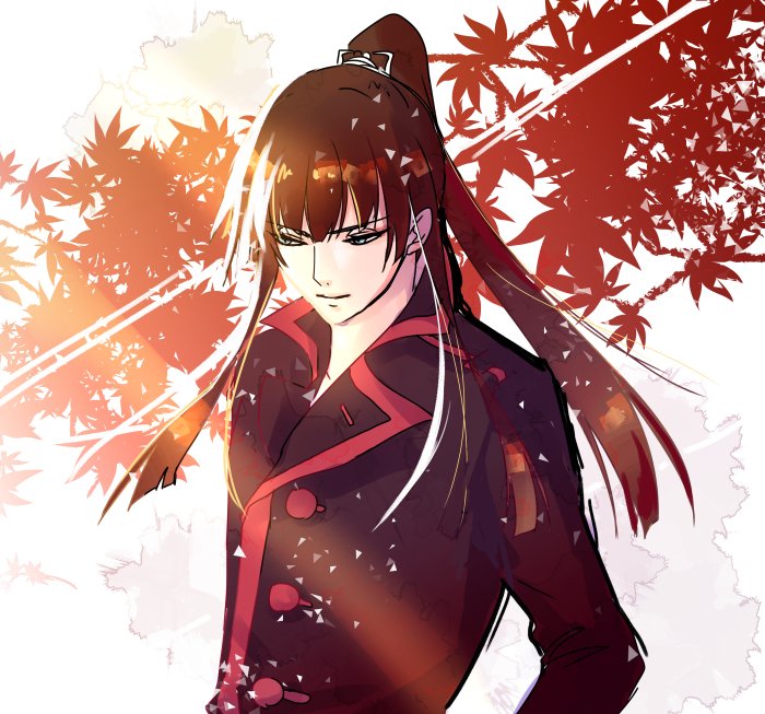 1boy, anri, autumn_leaves, black_coat, black_order_uniform, blue_eyes, brown_hair, buttons