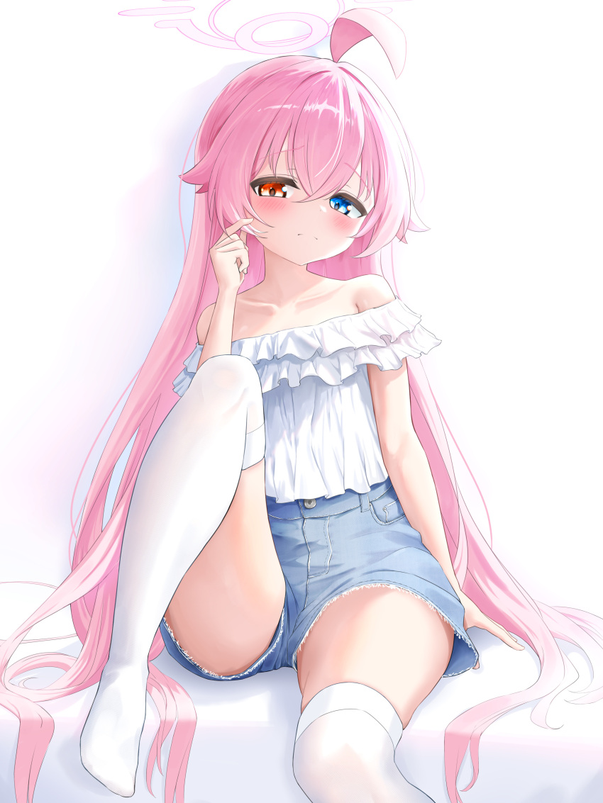 1girl, absurdres, ahoge, alternate_costume, blue_archive, casual, crossed_bangs, denim, denim_shorts, dusttomato, frilled_shirt, frills, halo, heterochromia, highres, hoshino_(blue_archive), huge_ahoge, jeans, knee_up, kneehighs, looking_at_viewer, off-shoulder_shirt, off_shoulder, pants, pink_hair, pink_halo, shirt, shorts, sitting, socks, solo, twirling_hair, white_background, white_shirt